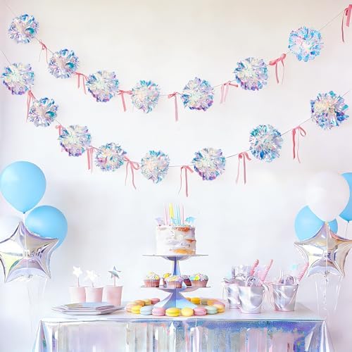 Iridescent Party Decorations, Iridescent Pompom Garland with Pink Bow Banner 2 Piece, Shimmering Mantel Garland