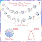 Iridescent Party Decorations, Iridescent Pompom Garland with Pink Bow Banner 2 Piece, Shimmering Mantel Garland, alternate