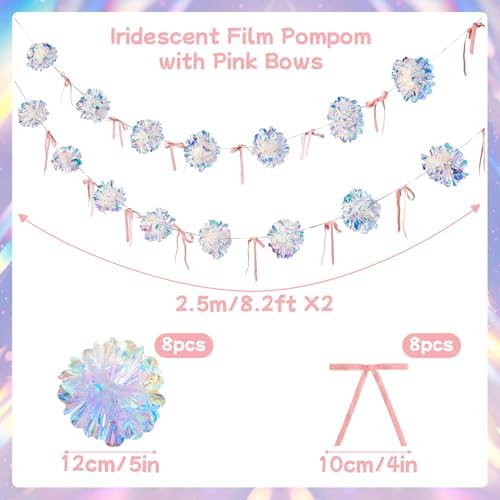 Iridescent Party Decorations, Iridescent Pompom Garland with Pink Bow Banner 2 Piece, Shimmering Mantel Garland, alternate
