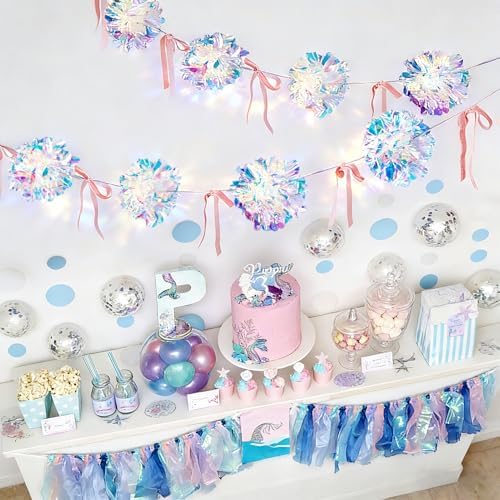 Iridescent Party Decorations, Iridescent Pompom Garland with Pink Bow Banner 2 Piece, Shimmering Mantel Garland, alternate