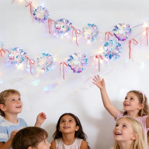 Iridescent Party Decorations, Iridescent Pompom Garland with Pink Bow Banner 2 Piece, Shimmering Mantel Garland, alternate