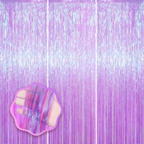 Iridescent Purple Fringe Backdrop Curtains, 3.3x8.2ft, 3 Pack in 3.3x8.2ft