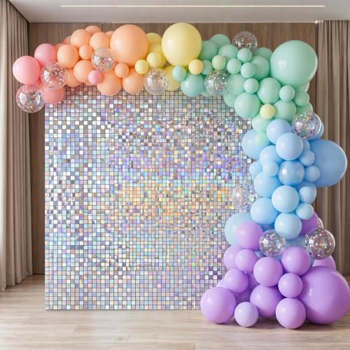 Iridescent Silver Shimmer Wall Backdrop 36 Panels Cover 6 x 6 Ft, Photo Backdrops for Wedding, Anniversary