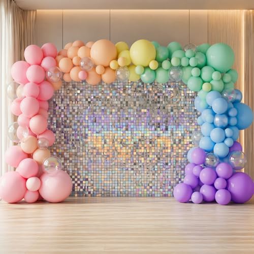 Iridescent Silver Shimmer Wall Backdrop 48 Panels Cover 6 x 8 Ft, Photo Backdrops for Wedding, Anniversary