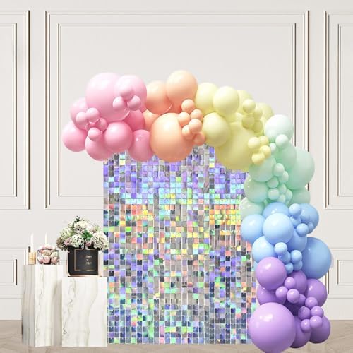 Iridescent Silver Shimmer Wall Backdrop, Sparkling Sequins, 12PCS Sequin Decoration Panels, Glitter Glam Photo