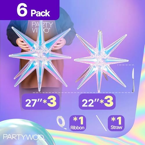 Iridescent Star Spike Balloons 6pcs Explosion Foil Mylar Balloons in 6 PCS - 27&22 Inch in Iridescent, alternate view 5