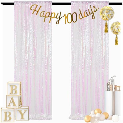 Iridescent White Backdrop Curtains 7FTx7FT 2 Panels Sequin Curtains Sparkle Photobooth Backdrops Glitter