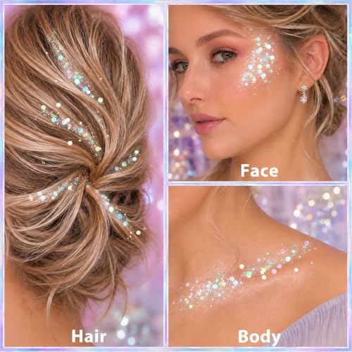 Iridescent White Body Glitter Stick, Face Hair Glitter Gel for Kids, Festival Rave Outfit Accessories for Women, alternate