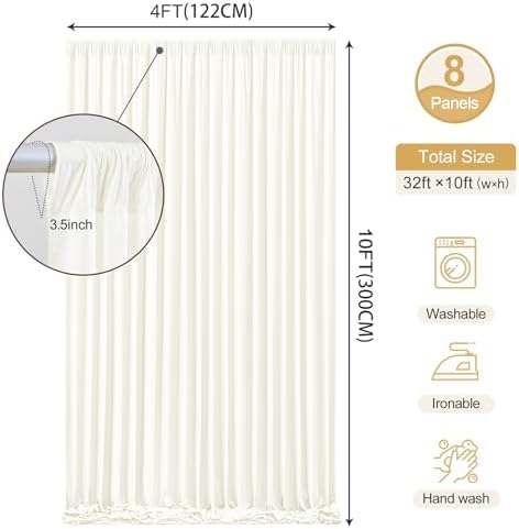 Ivory Backdrop Curtains 32 x 10 ft for Photo Background Wrinkle Free Drapes in W4' x H10'(8 panels) in Ivory, alternate view