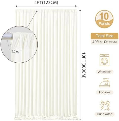 Ivory Backdrop Curtains 40 x 10 ft for Photo Background Wrinkle Free Drapes in W4' x H10'(10 panels) in Ivory, alternate view