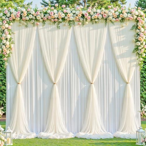 Ivory Tulle Backdrop Curtain for Parties Wedding,10ft x 10ft Wrinkle Free Curtain Backdrop,2 Layer Drapes for