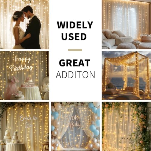 Ivory Tulle Backdrop Curtain with Lights for Decor, 10x10FT in 10x10FT, alternate view 2