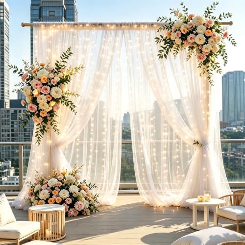 Ivory Tulle Backdrop Curtain with String Lights, 10x8ft Sheer Ivory Backdrop Curtain for Photography, Wedding