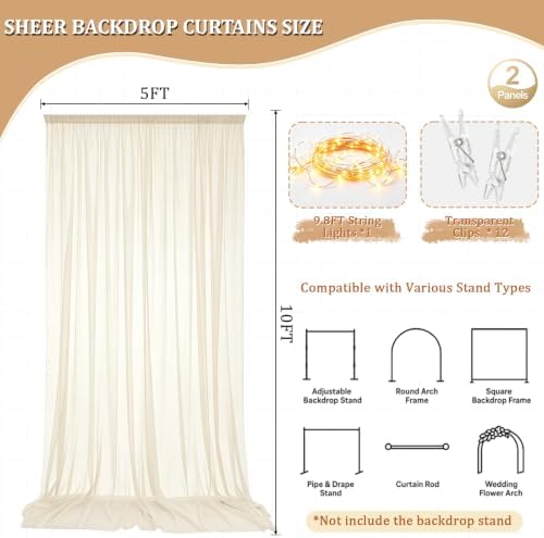 Ivory Tulle Backdrop Curtain with String Lights, 10x8ft Sheer Ivory Backdrop Curtain for Photography, Wedding, alternate view