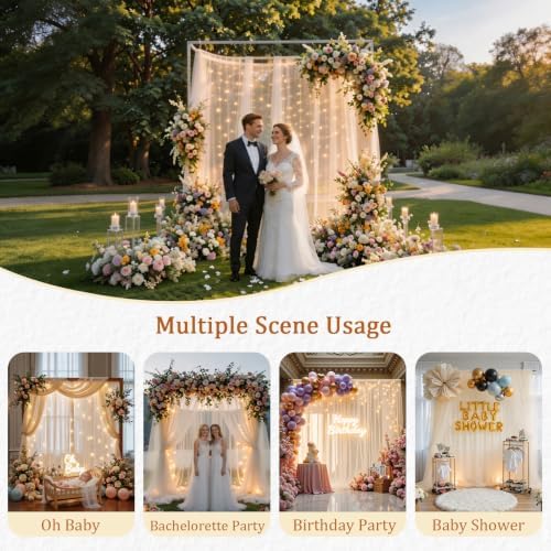 Ivory Tulle Backdrop Curtain with String Lights, 10x8ft Sheer Ivory Backdrop Curtain for Photography, Wedding, alternate view