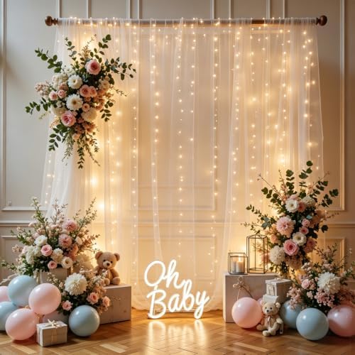 Ivory Tulle Backdrop Curtain with String Lights, 10x8ft Sheer Ivory Backdrop Curtain for Photography, Wedding, alternate view