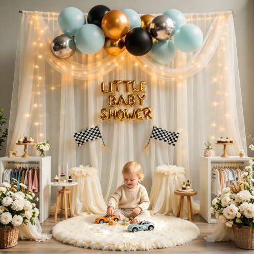 Ivory Tulle Backdrop Curtain with String Lights, 10x8ft Sheer Ivory Backdrop Curtain for Photography, Wedding, alternate view