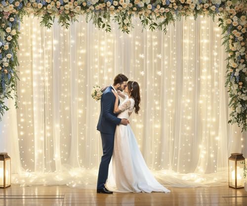 Ivory Tulle Backdrop Curtains with Lights String for Parites Wedding 20×8ft Ivory Sheer Backdrop Curtains for, alternate view