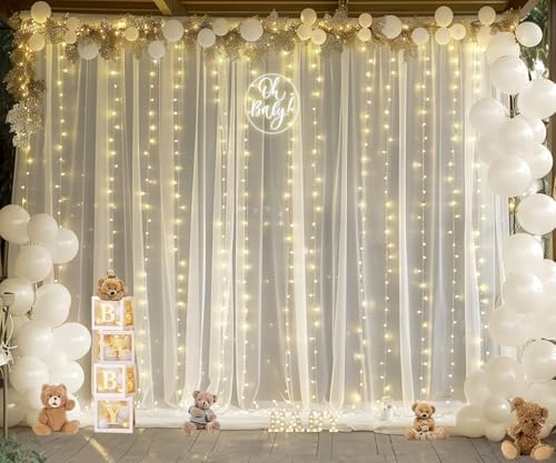 Ivory Tulle Backdrop Curtains with Lights String for Parites Wedding 20×8ft Ivory Sheer Backdrop Curtains for, alternate view