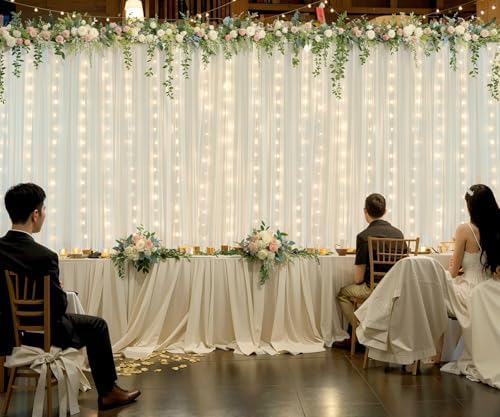 Ivory Tulle Backdrop Curtains with Lights String for Parites Wedding 20×8ft Ivory Sheer Backdrop Curtains for, alternate view