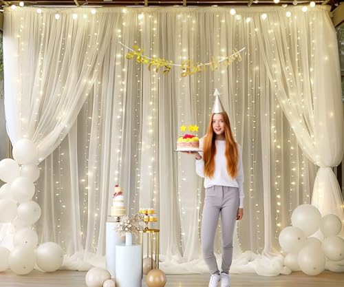 Ivory Tulle Backdrop Curtains with Lights String for Parites Wedding 20×10ft Ivory Sheer Backdrop Curtains for, alternate