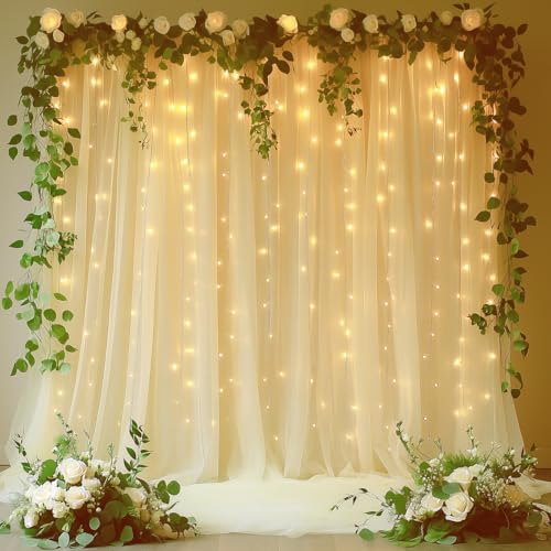 Ivory Tulle Backdrop with Fairy Lights for Parites Wrinkle-Free Sheer Curtain Drapes Photo Back Drop for Wedding