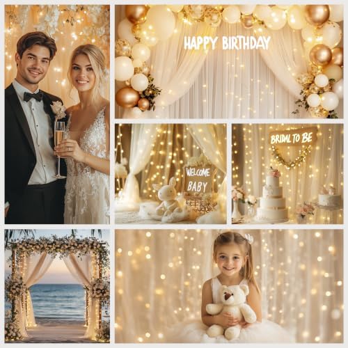 Ivory Tulle Backdrop with Fairy Lights for Parites Wrinkle-Free Sheer Curtain Drapes Photo Back Drop for Wedding, alternate