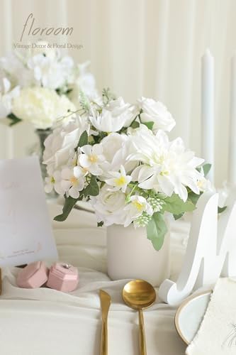 Ivory White Artificial Flowers Fake Roses Peonies Dahlia and Greenery Combo Box Set for DIY Wedding Bouquets, alternate view