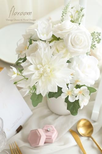 Ivory White Artificial Flowers Fake Roses Peonies Dahlia and Greenery Combo Box Set for DIY Wedding Bouquets, alternate view