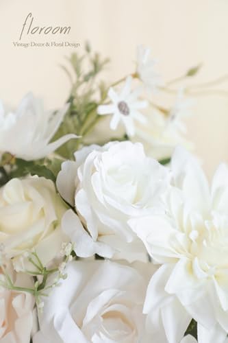 Ivory White Artificial Flowers Fake Roses Peonies Dahlia and Greenery Combo Box Set for DIY Wedding Bouquets, alternate view