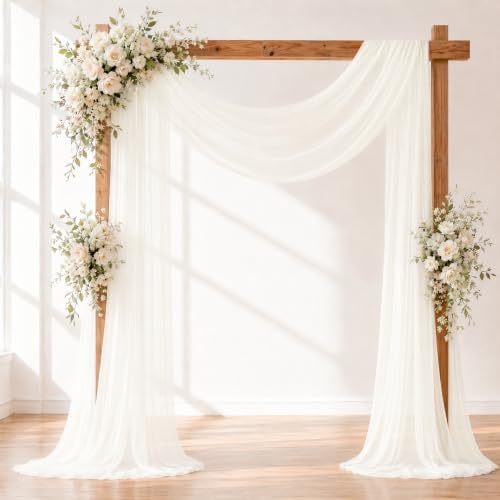 Ivory White Wedding Arch Draping Fabric Sheer Curtain Drapes 3 Panels | 20 ft Extra Long Shimmery Backdrop, alternate view 2