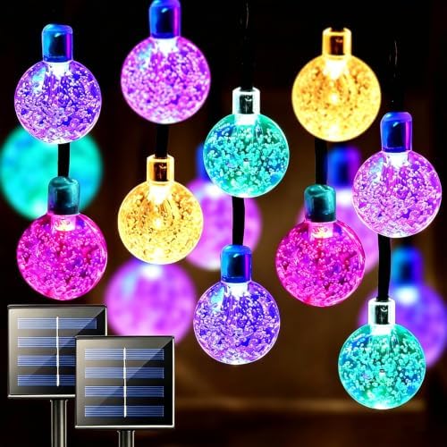 Jedavai Solar String Lights Outdoor 2 Pack 200 Led 80FT Multi-Color Crystal Globe Lights with 8 Lighting Modes