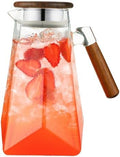 Jug 1.8L Glass Pitcher with Wooden Lid and Handle, Borosilicate Glass Water Pitcher with Lid for Water, Iced