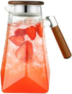 Jug 1.8L Glass Pitcher with Wooden Lid and Handle, Borosilicate Glass Water Pitcher with Lid for Water, Iced