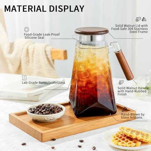 Jug 1.8L Glass Pitcher with Wooden Lid and Handle, Borosilicate Glass Water Pitcher with Lid for Water, Iced, alternate view