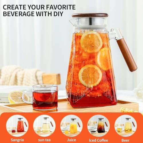 Jug 1.8L Glass Pitcher with Wooden Lid and Handle, Borosilicate Glass Water Pitcher with Lid for Water, Iced, alternate view