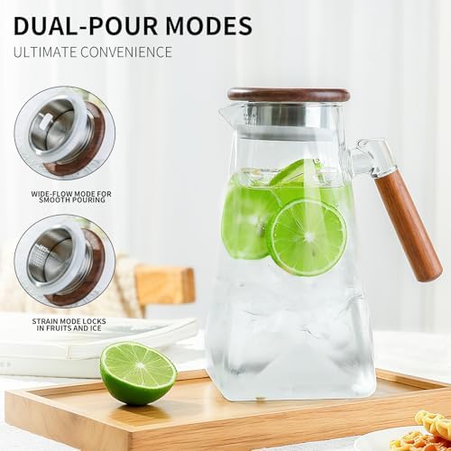 Jug 1.8L Glass Pitcher with Wooden Lid and Handle, Borosilicate Glass Water Pitcher with Lid for Water, Iced, alternate view