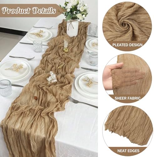 Khaki 10FT Cheesecloth Table Runner Boho Gauze Fabric Table Runner Rustic Sheer Runner for Wedding Birthday Baby, alternate