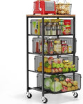 Kitchen Cart with Drawers, Lockable Wheels with Wooden Top, Black in Black