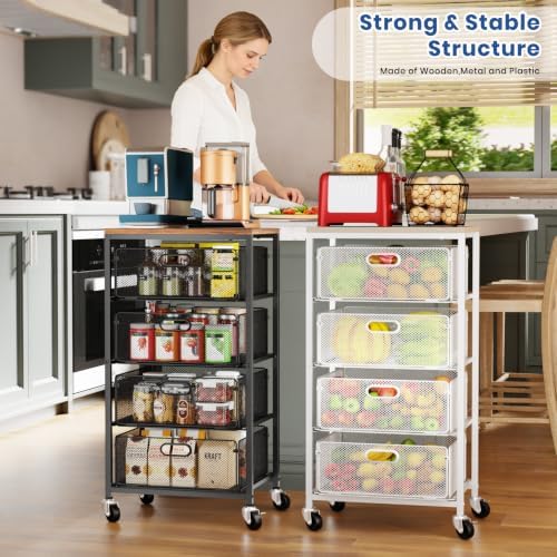 Kitchen Cart with Drawers, Lockable Wheels with Wooden Top, Black in Black, alternate view 2