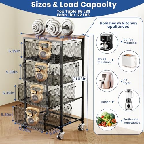 Kitchen Cart with Drawers, Lockable Wheels with Wooden Top, Black in Black, alternate view 3