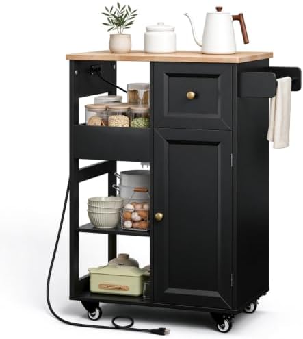 Kitchen Island Cart with Power Outlet, Drawers & Doors, Black in Black