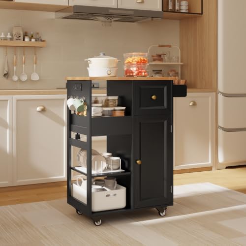 Kitchen Island Cart with Power Outlet, Drawers & Doors, Black in Black, alternate view 2