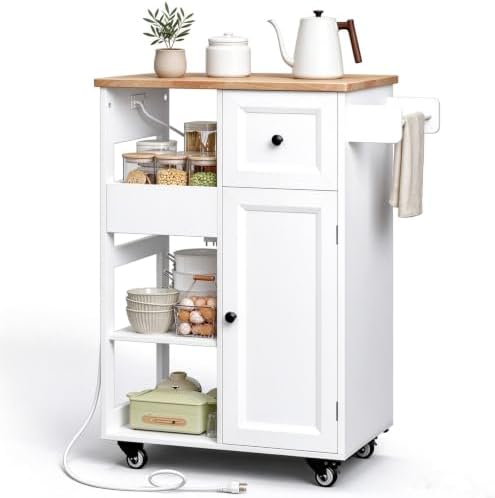 Kitchen Island Cart with Power Outlet, Drawers & Doors, White in White