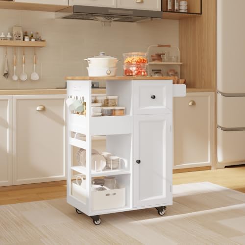 Kitchen Island Cart with Power Outlet, Drawers & Doors, White in White, alternate view 2