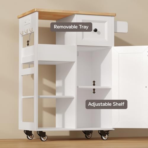 Kitchen Island Cart with Power Outlet, Drawers & Doors, White in White, alternate view 5