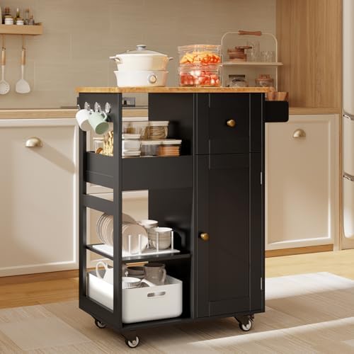 Kitchen Island Cart with Thickened Wooden Countertop, Black in Black, alternate view 2