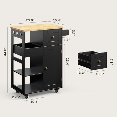 Kitchen Island Cart with Thickened Wooden Countertop, Black in Black, alternate view 3