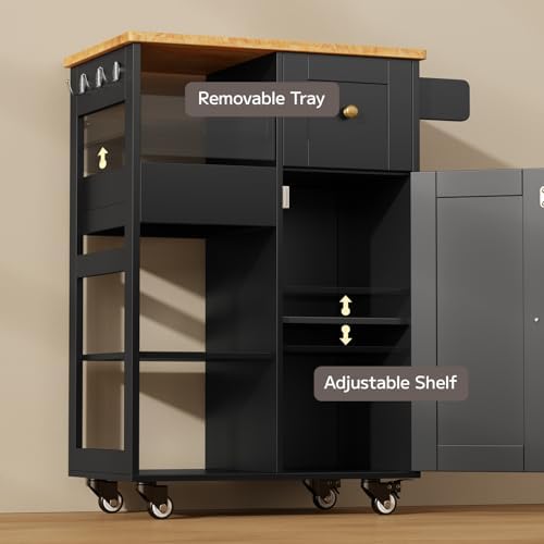 Kitchen Island Cart with Thickened Wooden Countertop, Black in Black, alternate view 5