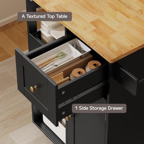 Kitchen Island Cart with Thickened Wooden Countertop, Black in Black, alternate view 7